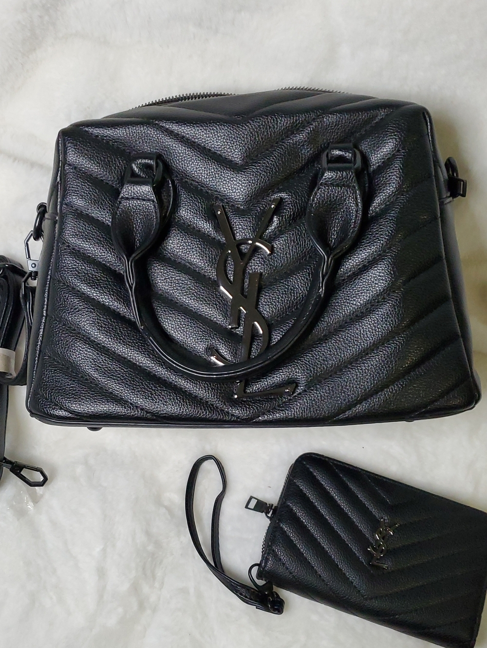 Black Quilted Satchel with Matching Wristlet